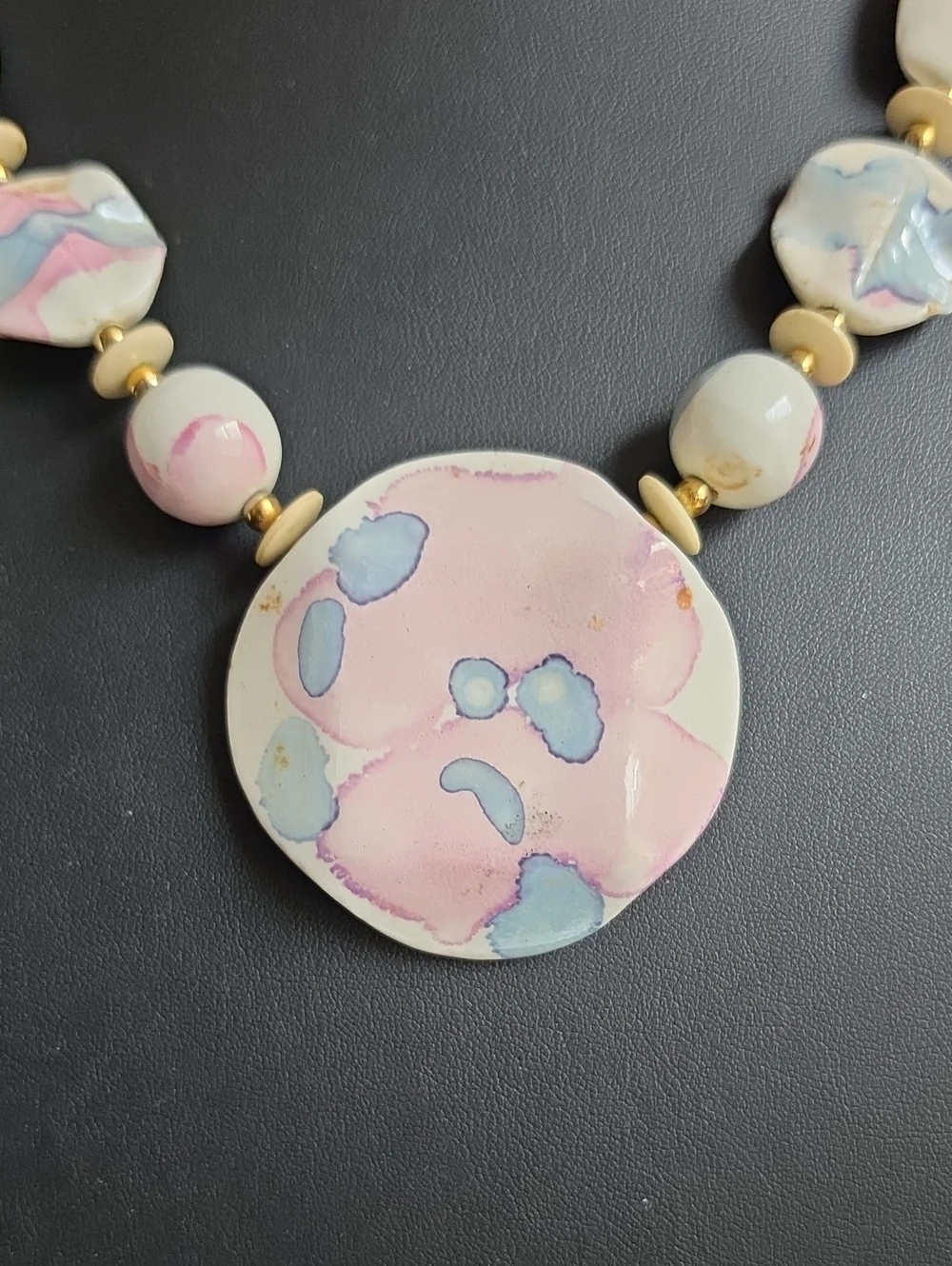 Vintage Japanese Pastel Ceramic Pendant Necklace - Pink & Blue